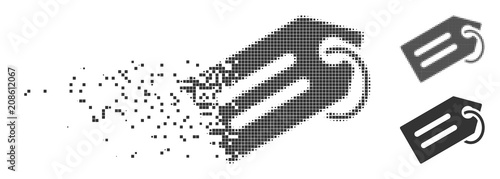 Gray vector tag icon in dispersed, pixelated halftone and undamaged whole variants. Disintegration effect involves rectangular particles. Pixels are organized into dissolving tag pictogram.