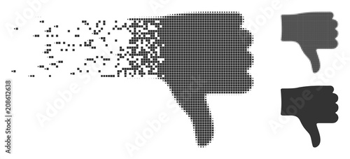 Gray vector thumb down icon in dissolved, pixelated halftone and undamaged whole versions. Disintegration effect uses rectangle dots. Fragments are grouped into dispersed thumb down icon. photo