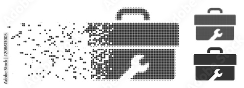 Gray vector toolbox icon in fractured, pixelated halftone and undamaged solid versions. Disintegration effect uses rectangular dots. Pixels are grouped into dissipated toolbox pictogram.