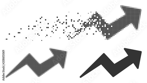 Grey vector trend up arrow icon in dissolved, dotted halftone and undamaged solid versions. Disintegration effect uses rectangle particles. Points are grouped into dispersed trend up arrow pictogram.