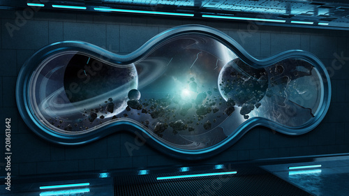 Fototapeta Naklejka Na Ścianę i Meble -  Black tech spaceship round window interior background 3D rendering