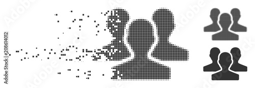Grey vector users icon in dispersed, dotted halftone and undamaged whole versions. Disintegration effect involves rectangular particles. Particles are organized into disappearing users form.