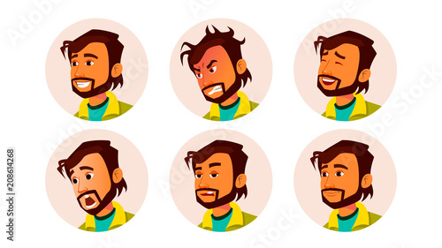 Man Avatar People Vector. Facial Emotions. Default Placeholder. Indian Colored Member. Angry, Smile. Face Silhouette. Cartoon Character Illustration