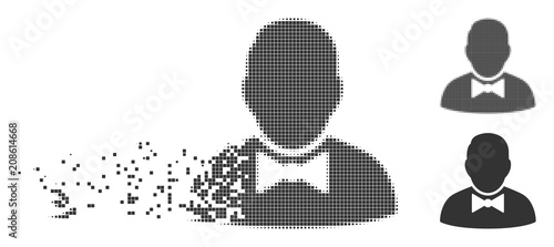 Grey vector waiter icon in dispersed, pixelated halftone and undamaged entire versions. Disintegration effect uses rectangle particles. Particles are organized into dissolving waiter form.