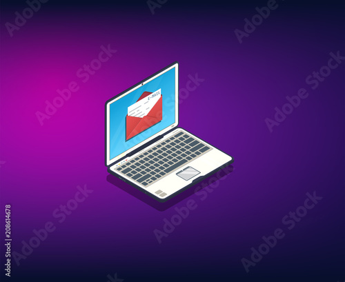 Email banner. Isometric vector illustration. Laptop with opened envelope with letter. Internet messaging, emailing and spam concept. Contact us or feedback page template. Newsletter and envelope.
