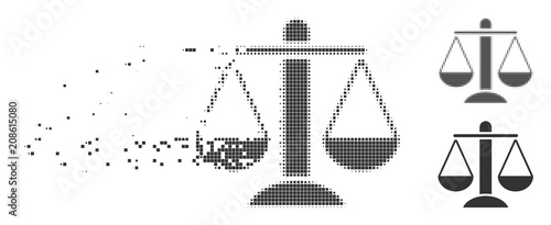 Grey vector weight scales icon in dissolved, pixelated halftone and undamaged solid versions. Disappearing effect involves rectangle dots. Points are arranged into dissipated weight scales pictogram.