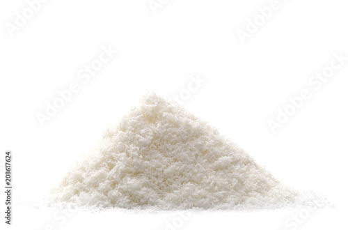 Pile of shredded coconut meat isolated on white background