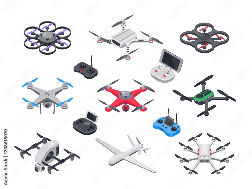 Unmanned aircraft, delivery drone with propellers, camera and computer controller. Drones and controllers isolated vector isometric set - obrazy, fototapety, plakaty 
