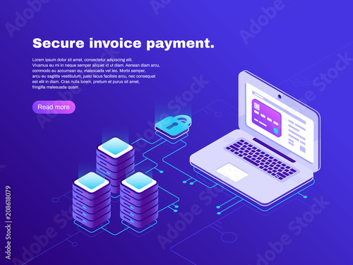 Electronic billing connection of laptop and database. Secure invoice payment. Electronics transaction bill 3d isometric vector concept