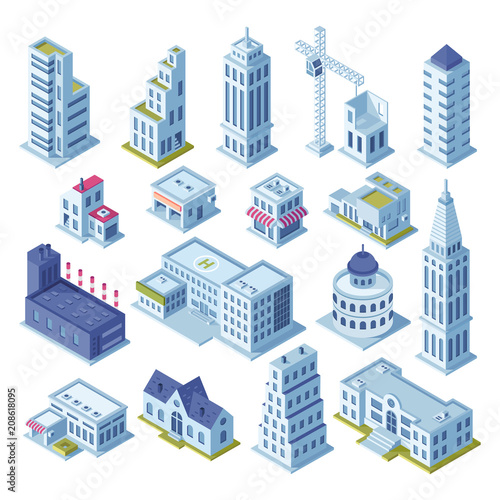 Skyscraper building and business office at downtown district. Architecture town buildings for city map 3d isometric vector set
