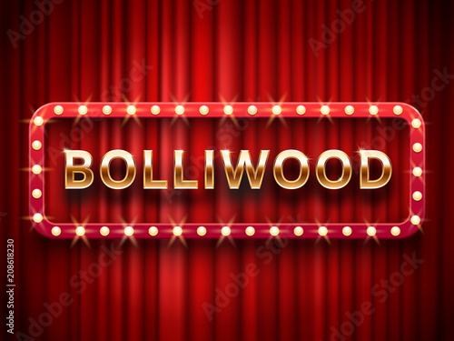 Bollywood cinema. Vintage indian movie, cinematography and theater poster. Retro 3d classic film posters logo on red curtains vector template