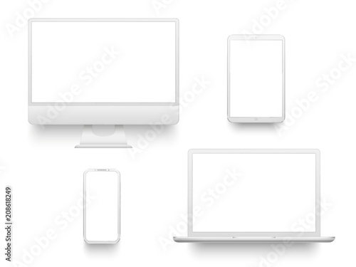 White desktop computer display screen smartphone tablet portable notebook or laptop. Mockup electronics devices vector set