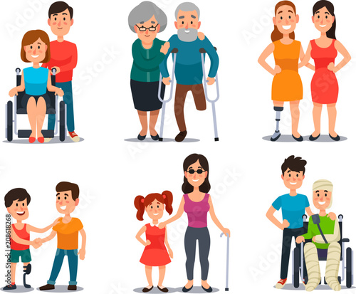 Caring disabled person. Handicapped people with group of friends. Friendly help and care to disability man or woman cartoon vector set