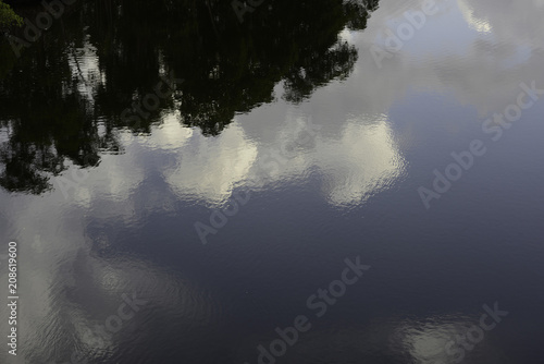 Reflection of clouds in river water in daytime