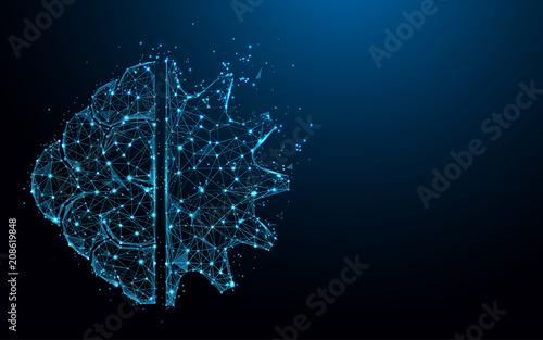 Brain and Gear cog form lines, triangles and particle style design. Illustration vector