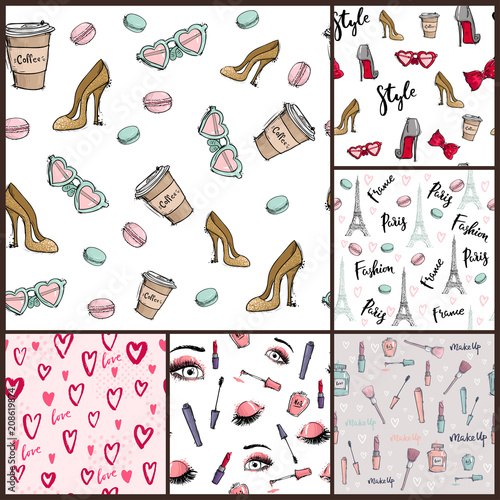Fashion cosmetics accessories seamless pattern vector colors bright pink styl...