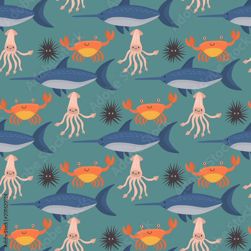 Sea animals vector creatures characters cartoon ocean wildlife marine underwater aquarium life water graphic aquatic tropical beasts seamless pattern background illustration.