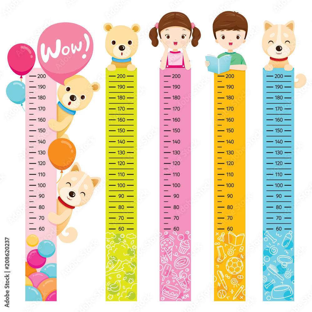 Φωτογραφία Measured Height Set With Girl, Boy, Dog And Bear, Tall, Healthy, Care, People, L