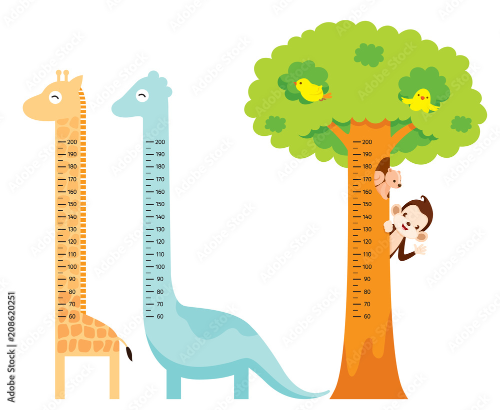 Αυτοκόλλητο Measured Height Set With Giraffe, Dinosaur, Bird, Monkey, Squirrel, And Tree, Ta