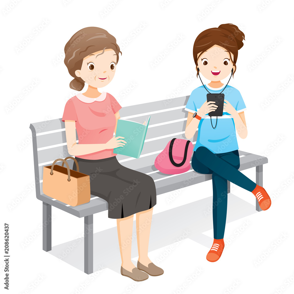 Old Woman Reading Book, Young Woman Playing Smartphones. They Sitting On Bench Together, People, Lifestyle, Generation, Age Old Woman Reading Book, Young Woman Playing Smartphones. They Sitting On Bench Together, People, Lifestyle, Generation, Age