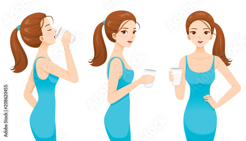 Woman Drinking Milk For Health. Good Shape Woman In Blue Dress, Tall, Healthy, Care, People, Lifestyle