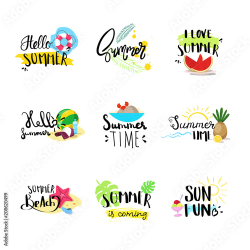 hello summer badge set isolated typographic design label, season holidays lettering for logo,templates, invitation, greeting card, prints and posters. vector illustration