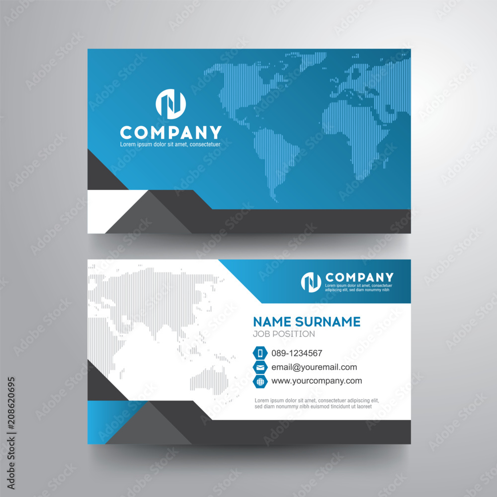 Modern business card with geometric world map blue gray color Modern business card with geometric world map blue gray color