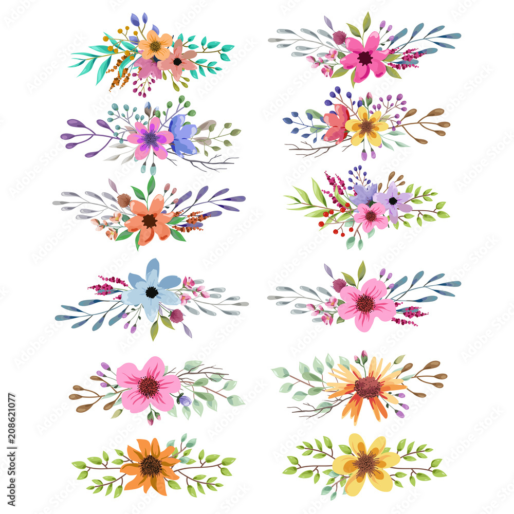 Floral watercolor collection with leaves and flowers. Wedding collection