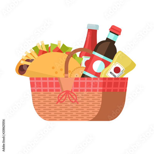 Picnic basket with food. Vector illustration.