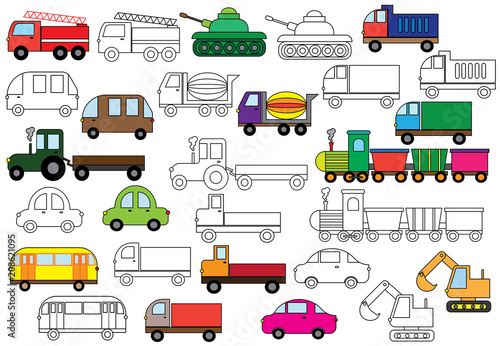Transport. Set of cars. Coloring book. Vector illustration.