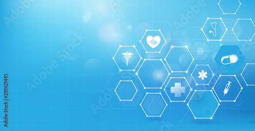 Medicine and science with abstract digital hi tech hexagons on blue background