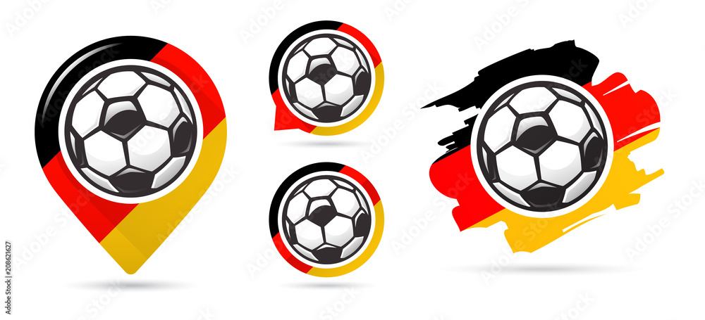 Naklejka premium German football vector icons. Soccer goal. Set of football icons. Football map pointer. Football ball. Soccer ball.