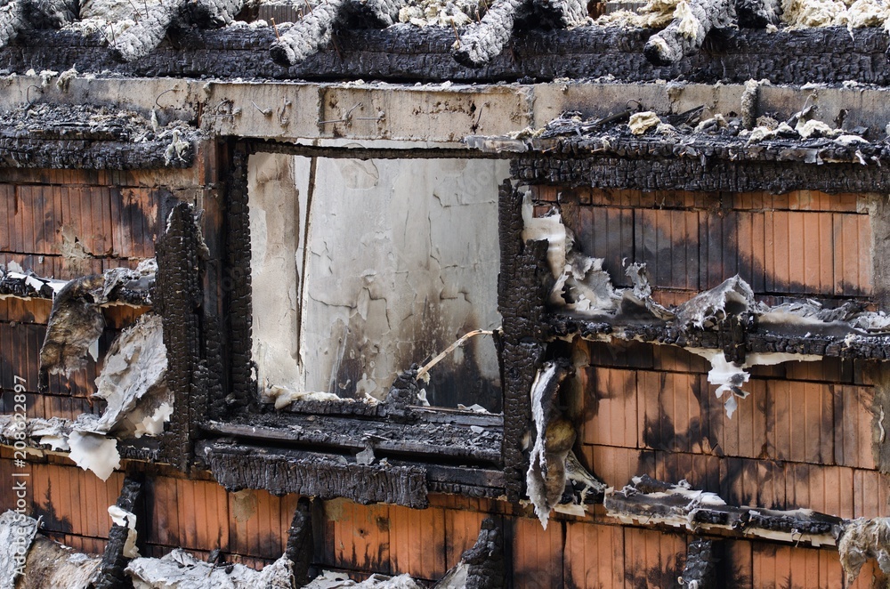 Windows of burned house.