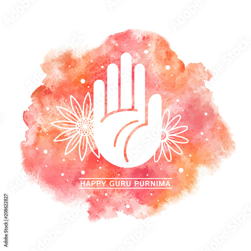 Happy Guru Purnima watercolor vector illustration with flat style simple stylized blessing hand, palm icon. Greeting card with watercolour rounded shape background, red and orange aquarelle stains.