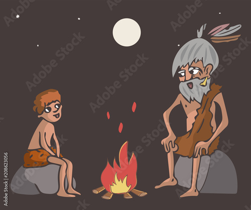 cavemen tell story near the fire