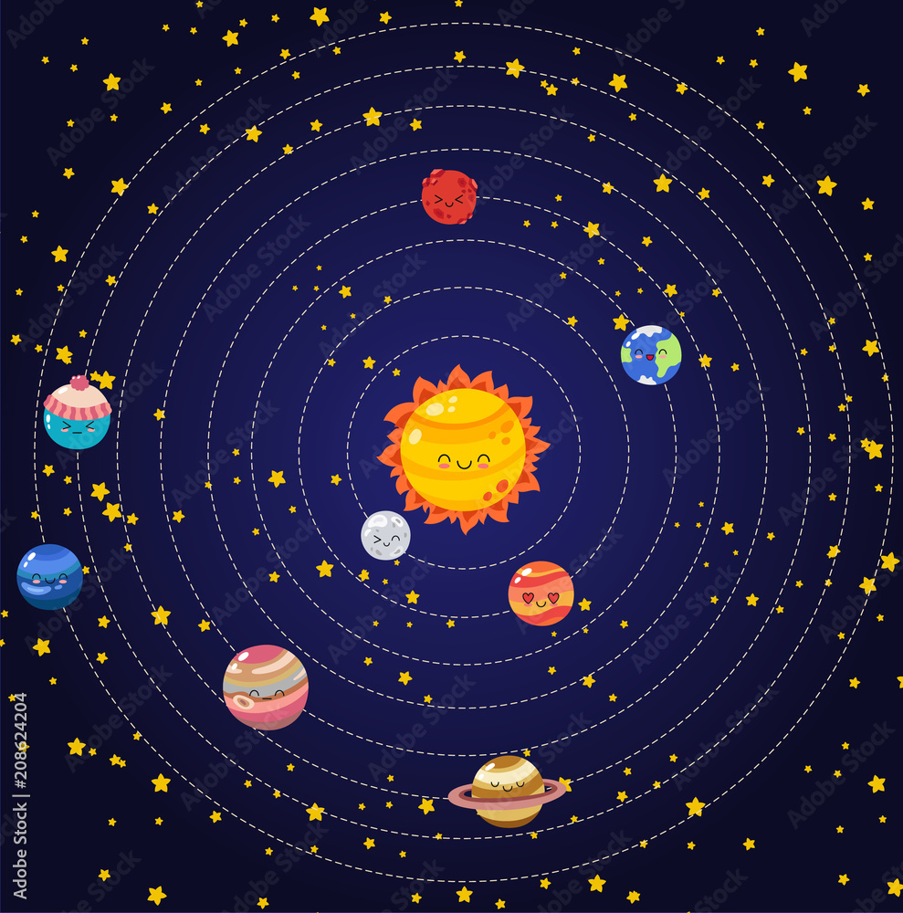 Naklejka Set wektorowe doodle kreskówki ikon planety układ słoneczny. Komiks kolorowe zabawne postacie. Edukacja dzieci. Tapeta, tło, symbole, szablon do projektowania stron internetowych, karty z pozdrowieniami, okładka, plakat
