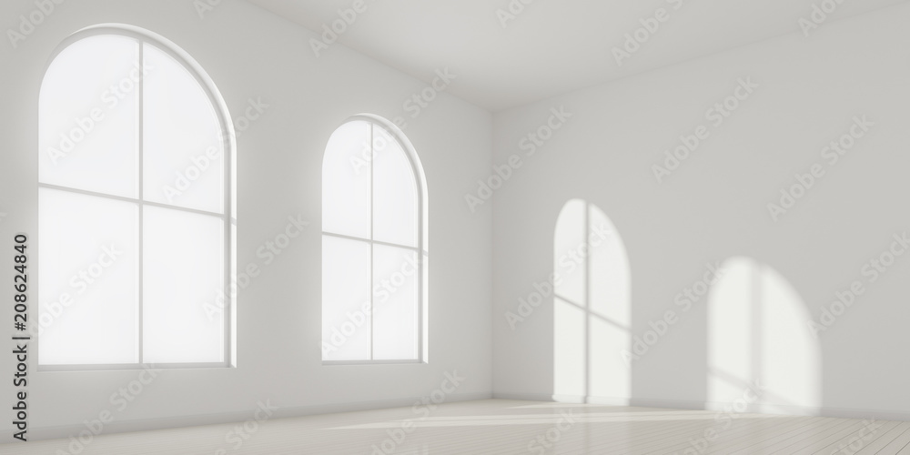 3D stimulate of white room interior and wood plank floor with sun light cast the arch window shadow on the wall,Perspective of minimal design architecture. 3D stimulate of white room interior and wood plank floor with sun light cast the arch window shadow on the wall,Perspective of minimal design architecture.