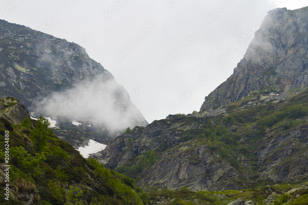 Misty day in mountain with suggestive mountain view 
