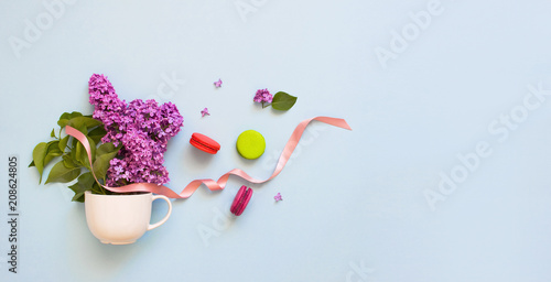 Creative design of flowers. A white cup with spring flowers and cake macaron or macaroon on a blue background top view. Flat lay Beautiful dessert Colorful almond cookies Pastel colors 