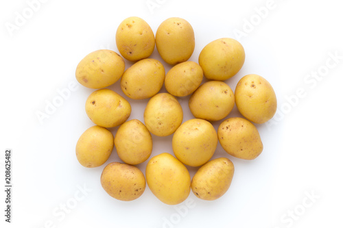 Young potato isolated on white background. Harvest new. Flat lay, top view