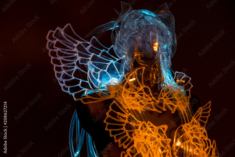 Costume of crystal skull, gothic and dark design made with thermoplastic and artistic modeling materials Costume of crystal skull, gothic and dark design made with thermoplastic and artistic modeling materials