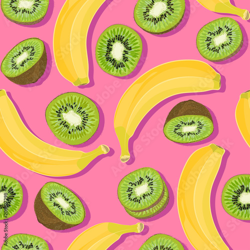 Trendy minimal summer seamless pattern with whole, sliced fresh fruit banana, kiwi on color background. Vector illustrations