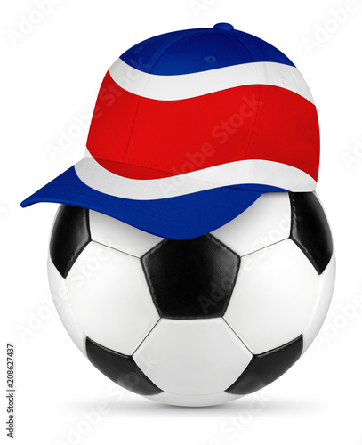 Classic black white leather soccer ball costa rica flag baseball fan cap isolated background sport football concept
