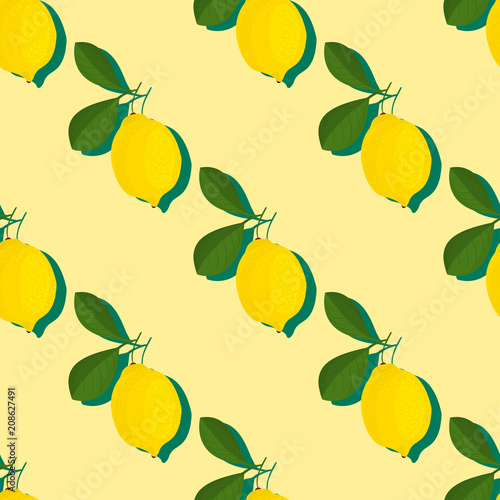 Trendy minimal summer seamless pattern with whole, sliced fresh fruit lemon on color background