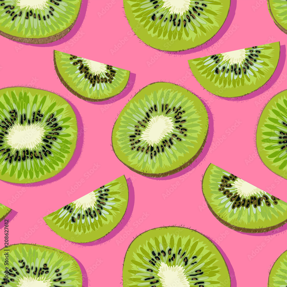 Trendy minimal summer seamless pattern with whole, sliced fresh fruit kiwi on color background