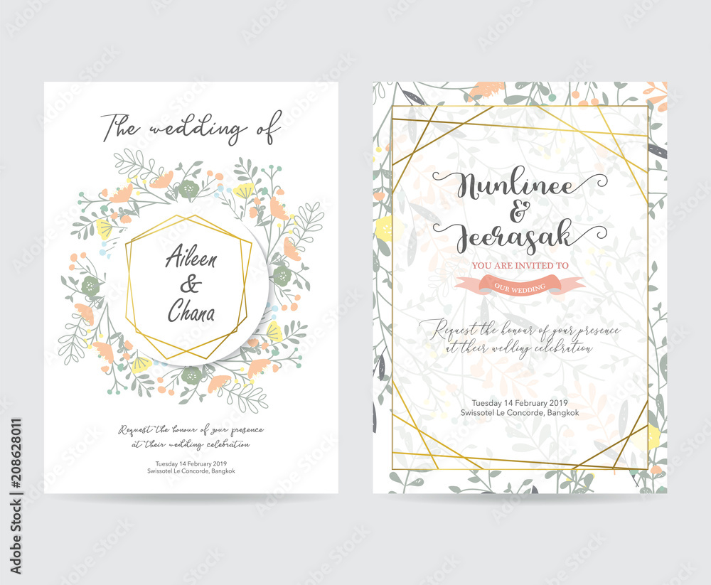 Geometry gold wedding invitation card with flower,leaf and frame Geometry gold wedding invitation card with flower,leaf and frame