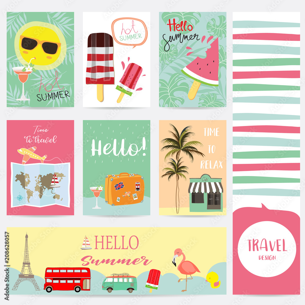 Fototapeta premium Travel greeting card with sea,sky,ship,balloon,rainbow,beach,coconut tree,watermelon,luggage,van and bus in london