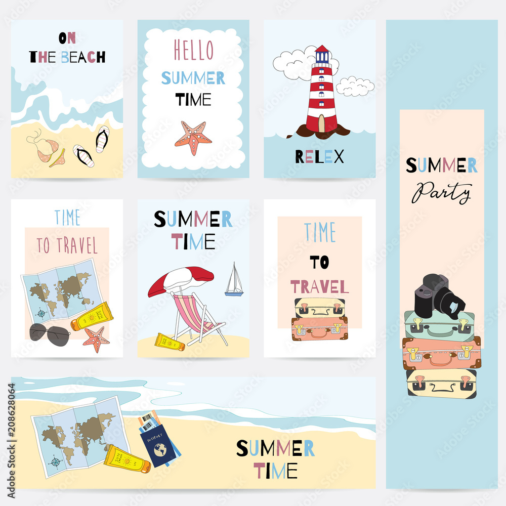 Travel greeting card with sea,sky,ship,star fish,beach,glasses,map,sun glasses,luggage and camara