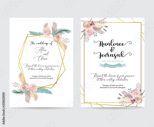 Geometry gold wedding invitation card with flower,leaf,feather and frame