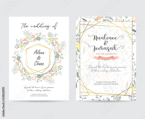 Geometry gold wedding invitation card with flower,leaf and frame